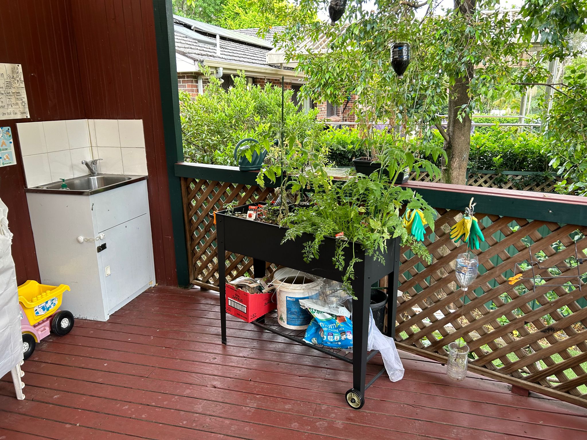 The verandah showing the washup area and veggie garden