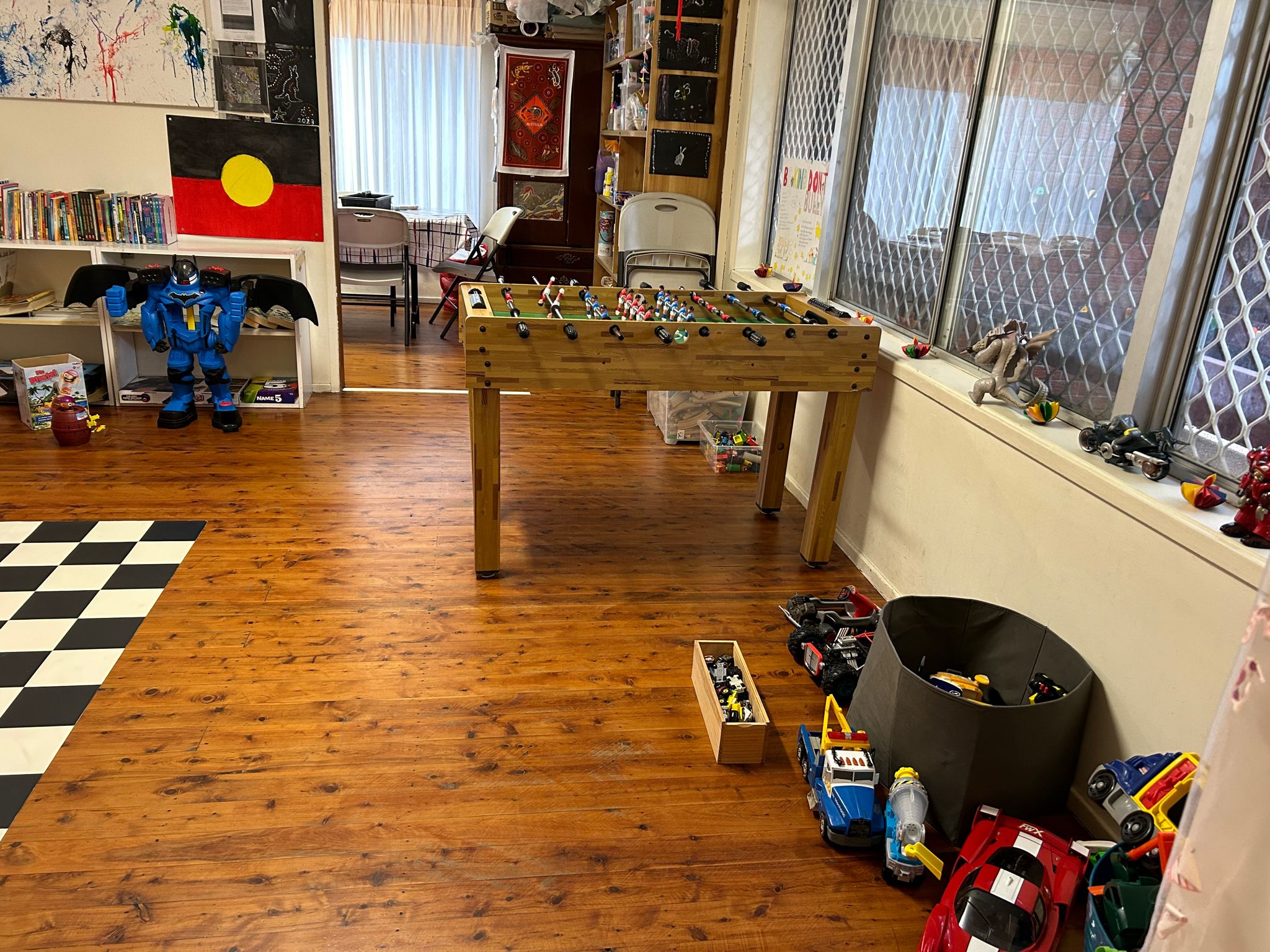 The front room showing the table soccer and toys