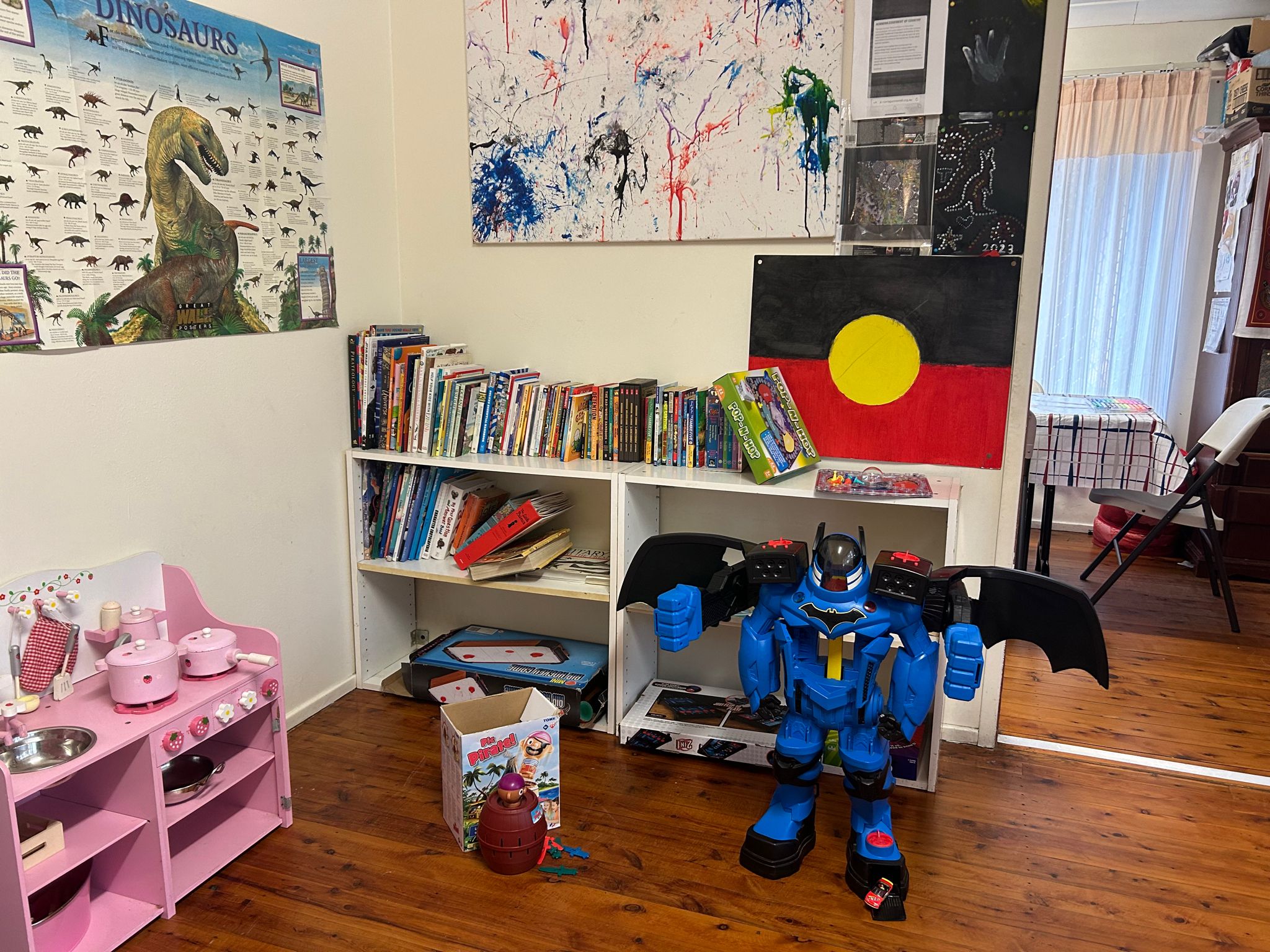 The front room showing the library and toys